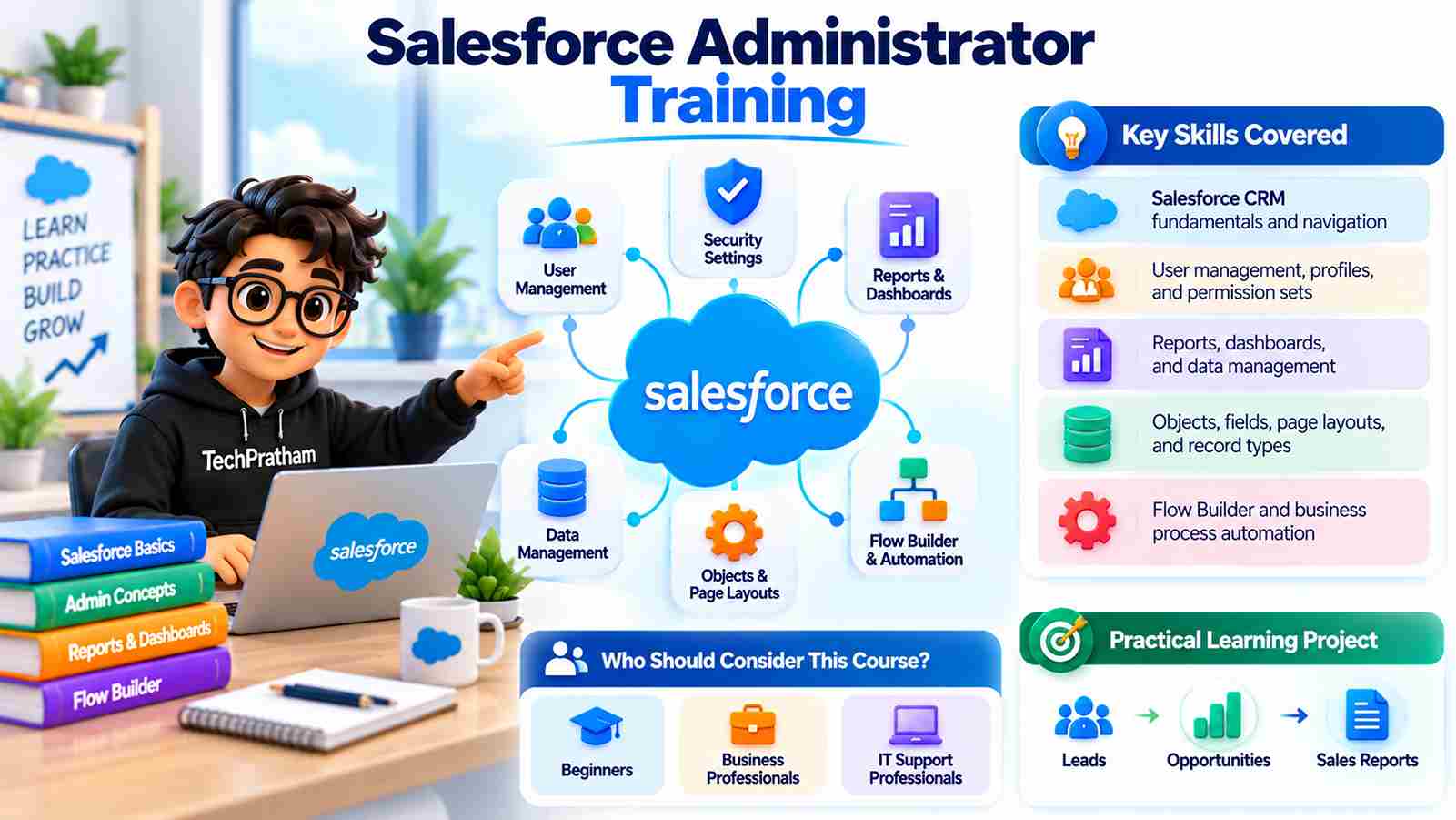 Salesforce Administrator Training with CRM fundamentals, user management, security settings, reports, dashboards, data management, and Flow Builder automation by TechPratham.